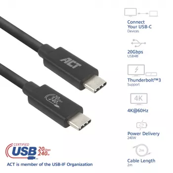 ACT USB4 20Gbps 240W USB Type-C -kaapeli 2 m musta USB-IF-sertifioitu