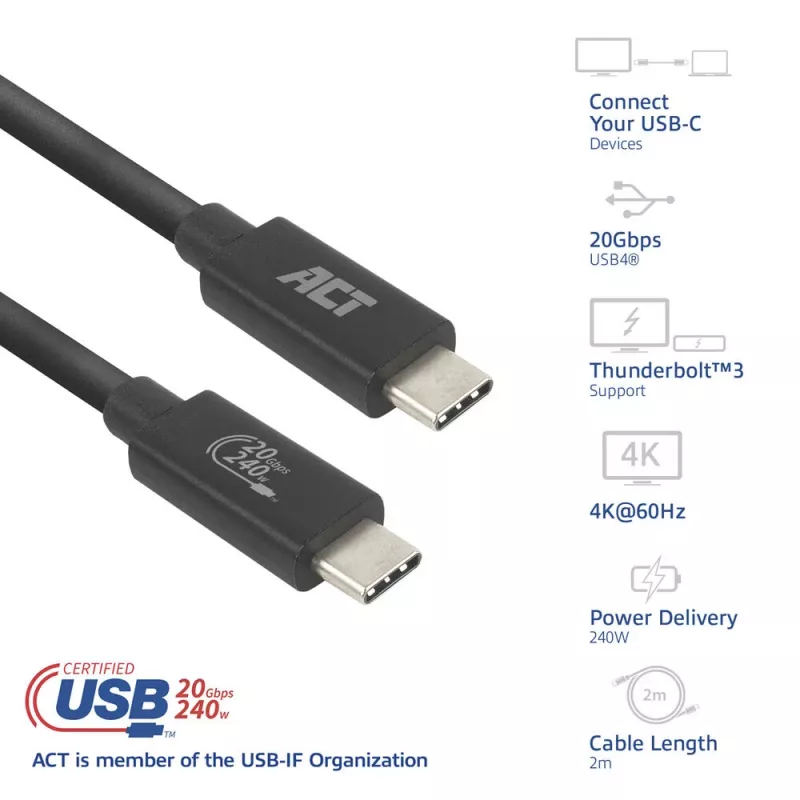 ACT USB4 20Gbps 240W USB Type-C -kaapeli 2 m musta USB-IF-sertifioitu