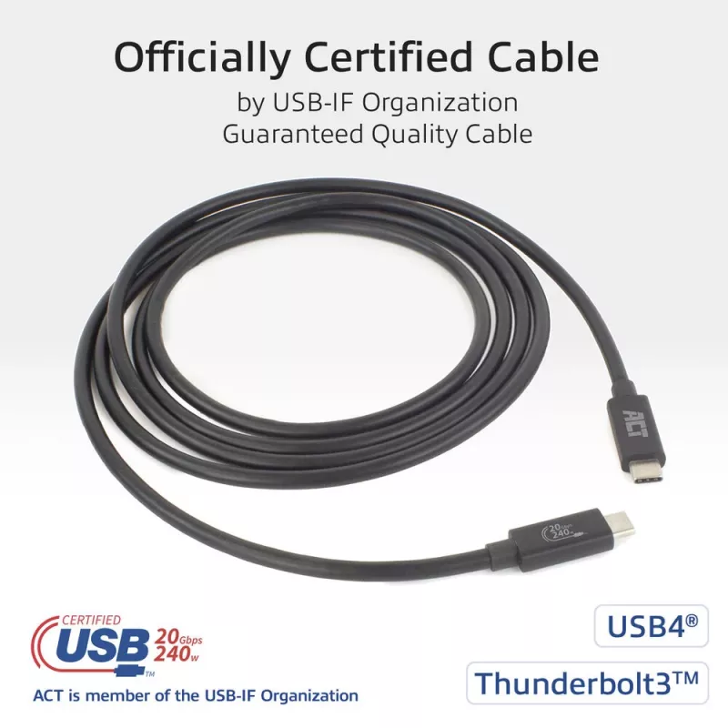 ACT USB4 20Gbps 240W USB Type-C -kaapeli 2 m musta USB-IF-sertifioitu
