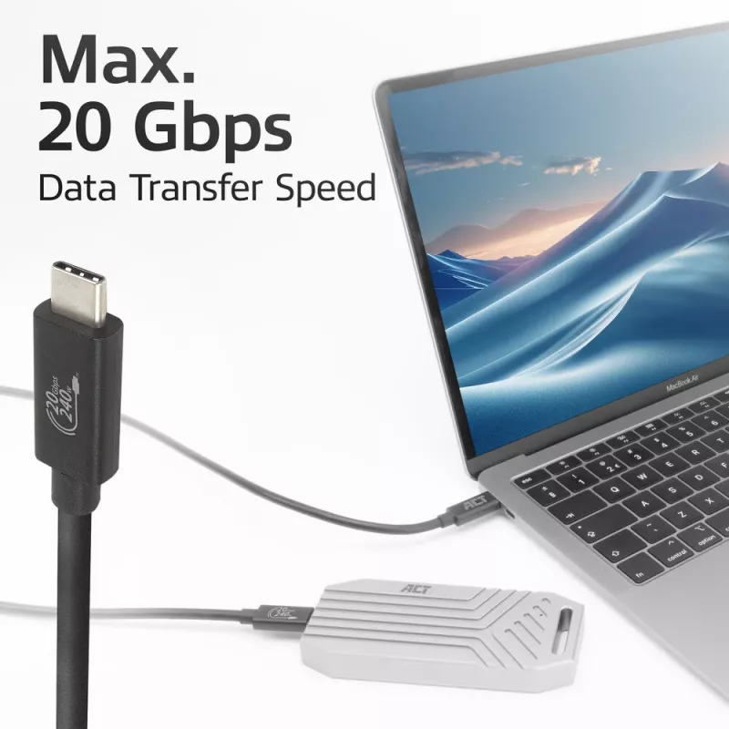 ACT USB4 20Gbps 240W USB Type-C -kaapeli 2 m musta USB-IF-sertifioitu