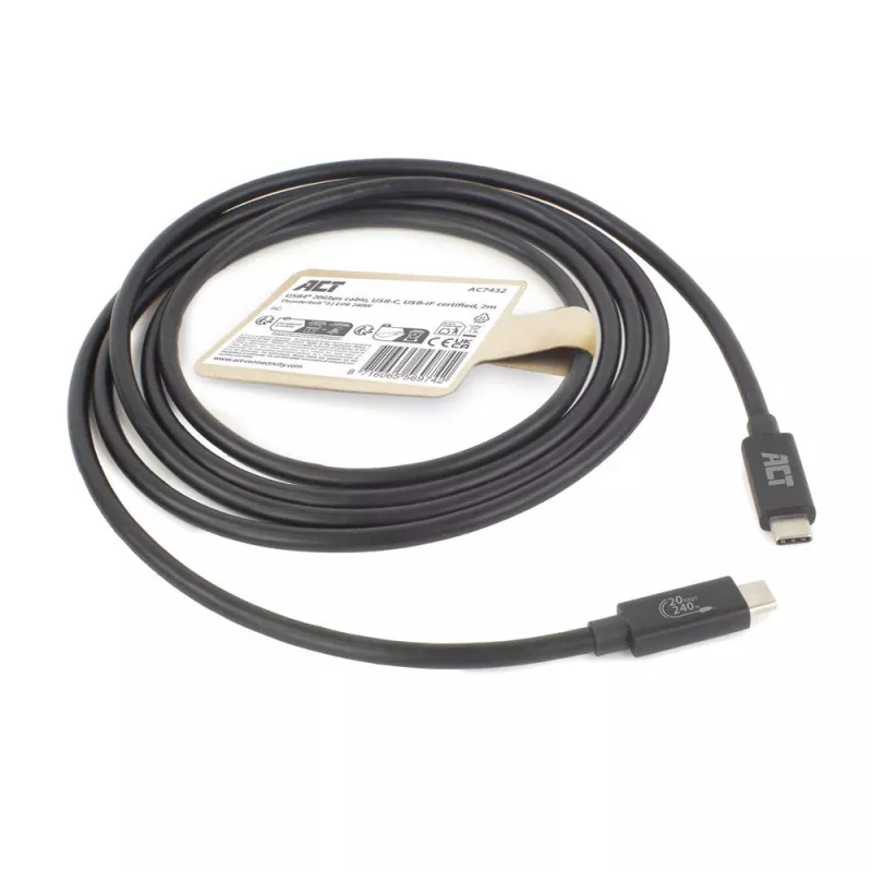 ACT USB4 20Gbps 240W USB Type-C -kaapeli 2 m musta USB-IF-sertifioitu
