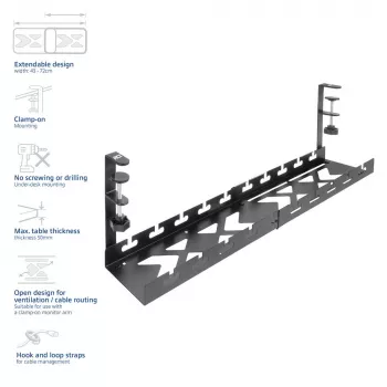 ACT pöydänalainen ulosvedettävä kaapelinhallintakaukalo 43–72 cm kiristinpidike, terästä, 728×130×190 mm, 5 kg