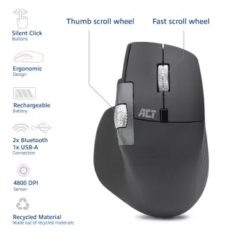 ACT AC5147 langaton hiiri, Bluetooth/USB, hiljainen napsautus, 4800 DPI, harmaa