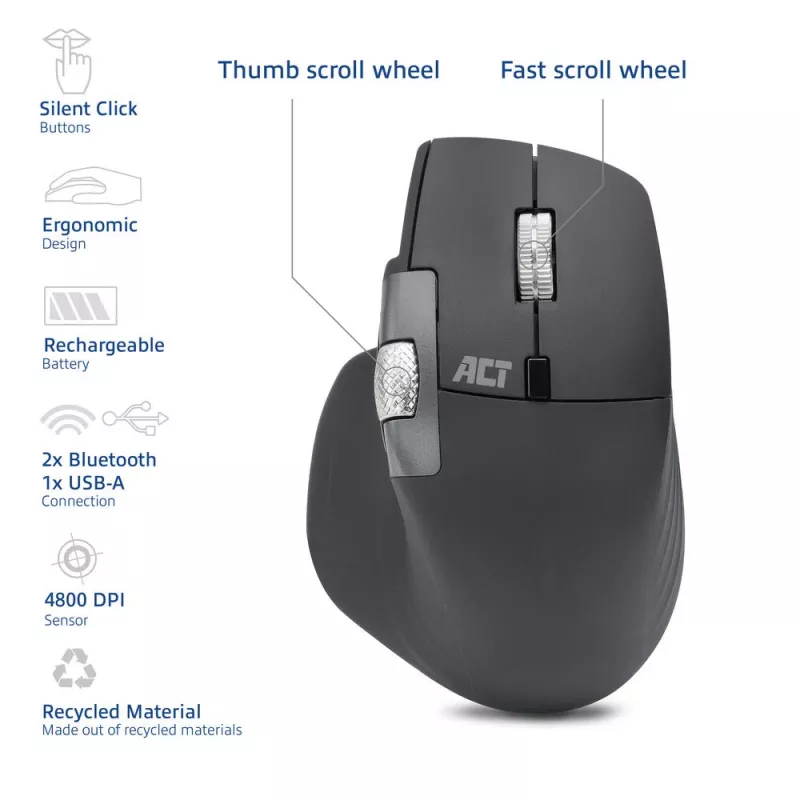 ACT AC5147 langaton hiiri, Bluetooth/USB, hiljainen napsautus, 4800 DPI, harmaa