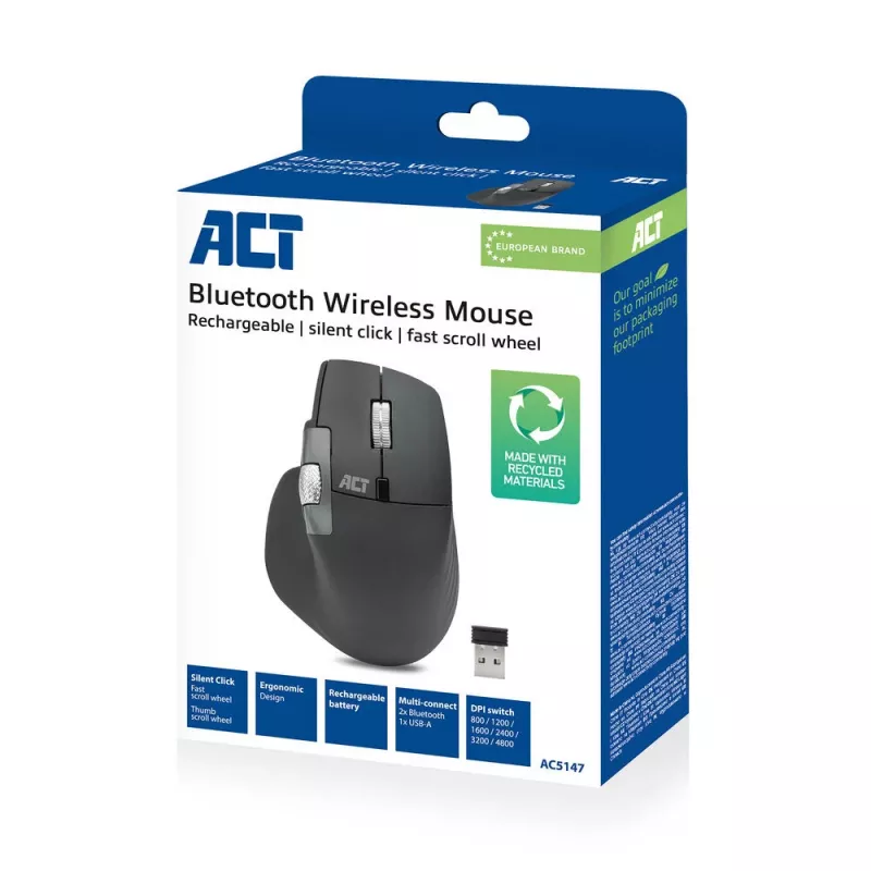 ACT AC5147 langaton hiiri, Bluetooth/USB, hiljainen napsautus, 4800 DPI, harmaa