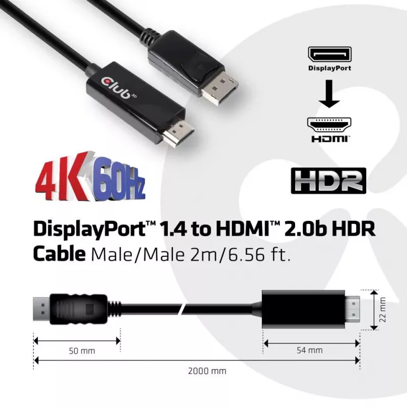 CLUB3D DisplayPort 1.4 - HDMI 2.0b HDR -kaapeli, uros/uros, 2 m