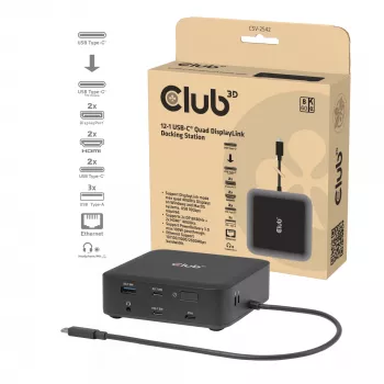 USB-C Quad DisplayLink -telakointiasema CLUB 3D CSV-2542 — 2× DisplayPort 8K60Hz, 2× HDMI 4K60Hz, PD 100W, 2.5G Ethernet