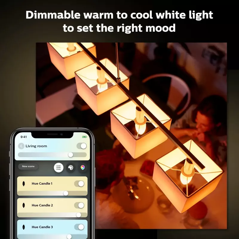 Älylamppu Philips Hue White Candle E14, Bluetooth, 6 kWh/1000h, AC, valkoinen, mitat 72×55×174 mm