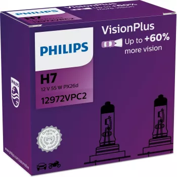 Philips VisionPlus 12972VPC2 enemmän turvallisuutta ja mukavuutta, 55 W, 12 V, H7, halogeeni, 2 kpl