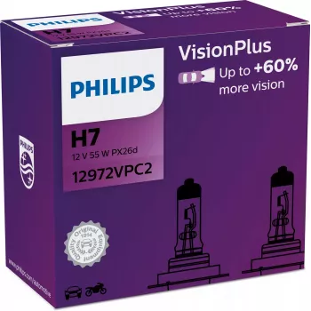 Philips VisionPlus 12972VPC2 enemmän turvallisuutta ja mukavuutta, 55 W, 12 V, H7, halogeeni, 2 kpl