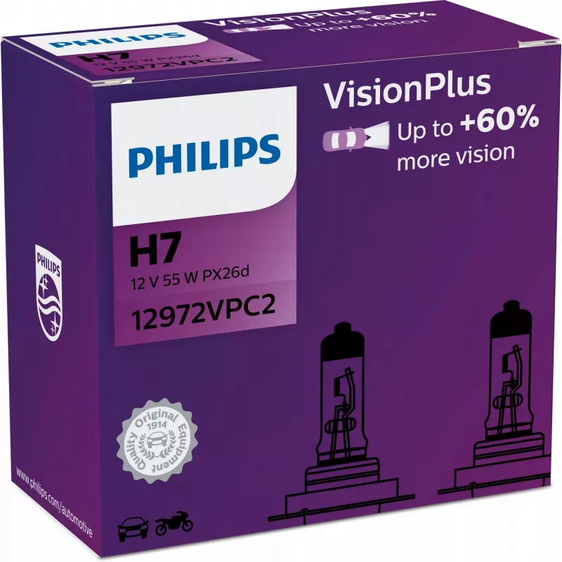 Philips VisionPlus 12972VPC2 enemmän turvallisuutta ja mukavuutta, 55 W, 12 V, H7, halogeeni, 2 kpl