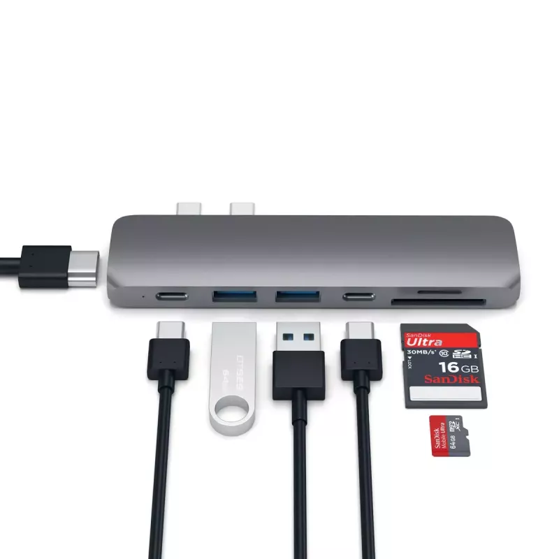 Satechi kannettavan telakka/porttitoistin ST-CMBPM — USB 3.2 Gen 1 Type-C-isäntä, HDMI, USB-A, SD/MicroSD, harmaa