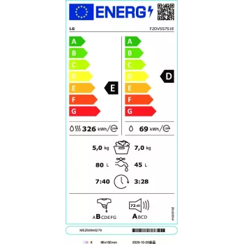 LG F2DV5S7S1E pesukone-kuivausrumpu vapaasti seisova edestä täytettävä valkoinen