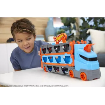 Hot Wheels City Speedway Hauler Carrier 3 leikkiautolla, ajoneuvosarja, 4 vuotta, muovi, harmaa, monivärinen