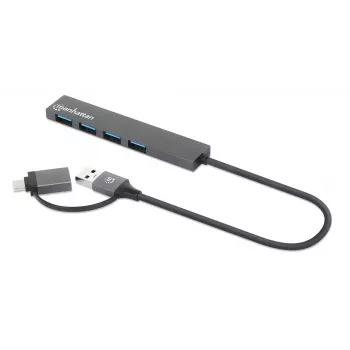 Manhattan USB-C & USB-A Combo -telakka/keskitin, liitännät (4): USB-A (x4), 5 Gbps (USB 3.2 Gen1 alias USB 3.0), USB-virralla toimiva (ei erillistä virtalähdettä), kaapeli 25 cm