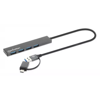 Manhattan USB-C & USB-A Combo -telakka/keskitin, liitännät (4): USB-A (x4), 5 Gbps (USB 3.2 Gen1 alias USB 3.0), USB-virralla toimiva (ei erillistä virtalähdettä), kaapeli 25 cm