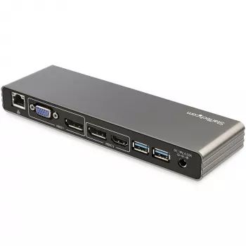 StarTech.com Thunderbolt 3 -telakka – Dual-4K-60-Hz-monitori-TB3-kannettavatietokoneen telakointiasema DisplayPortilla, HDMI:llä ja 1080p VGA:lla – 85 W Power Delivery & latausteho – 2x USB-A, Ethernet – Mac & Windows