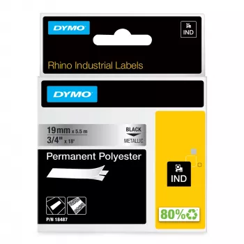 DYMO Rhino Industrial Permanent Polyester Labels | 19 mm x 5,5 m | musta tulostus metalliselle | itseliimautuva | Rhino & LabelManager tarratulostimille
