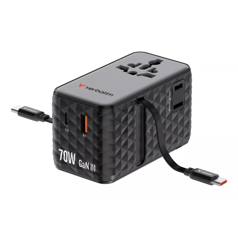 Verbatim Charge 'n' Travel 70W 2C sisäänvedettävä yleismatkasovitin musta