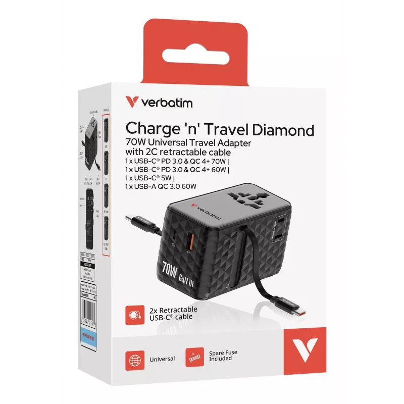 Verbatim Charge 'n' Travel 70W 2C sisäänvedettävä yleismatkasovitin musta