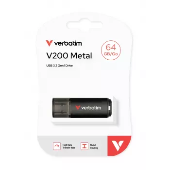 Verbatim V200 Metal USB-muistitikku 64GB, 64 GB, USB Type-A, 3.2 Gen 1 (3.1 Gen 1), 200 MB/s, suojus, musta