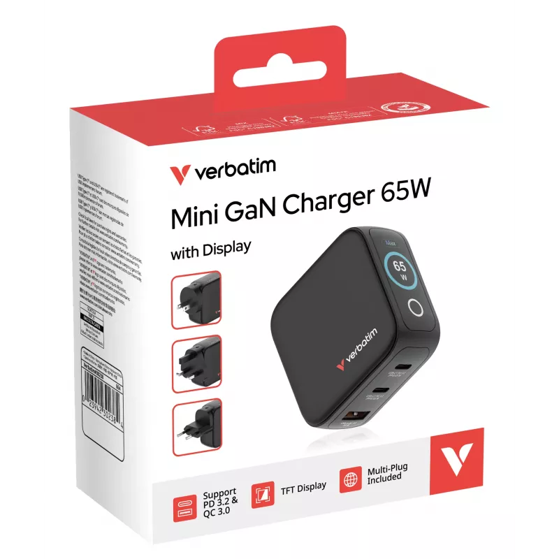 Verbatim Mini GaN -laturi 65W näytöllä, sisäkäyttö, AC, 20 V, musta