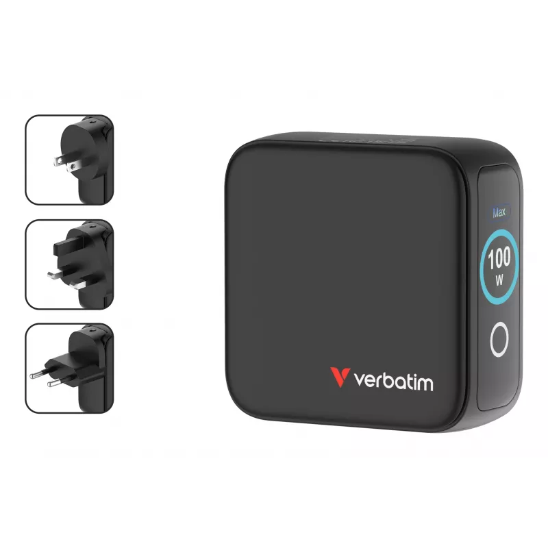 Verbatim Mini GaN -laturi 100W näytöllä, sisäkäyttö, AC, 20 V, musta