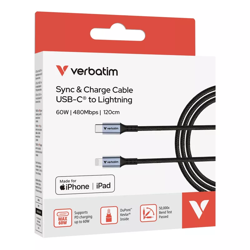 Verbatim Sync & Charge -kaapeli USB-C–Lightning 120 cm, 1,2 m, Lightning, USB C, uros, uros, musta