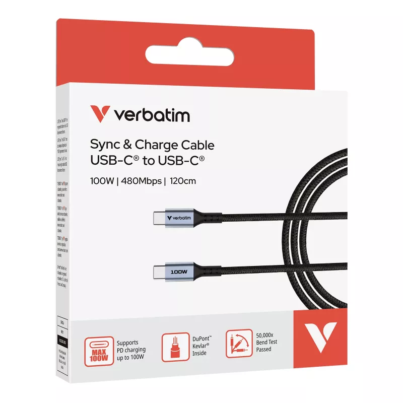 Verbatim Sync & Charge -kaapeli – 100W USB-C - USB-C 120 cm, 1,2 m, USB C, USB C, USB 2.0, 0,48 Gbit/s, musta