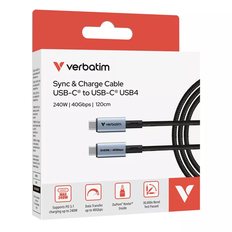 Verbatim Sync & Charge USB C - USB C 240W 40 Gbit/s 120 cm, 1,2 m, USB C, USB C, USB4 Gen 2x2, 40 Gbit/s, musta