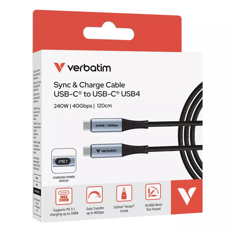 Verbatim Sync & Charge USB-C - USB-C 240W -kaapeli näytöllä 120 cm