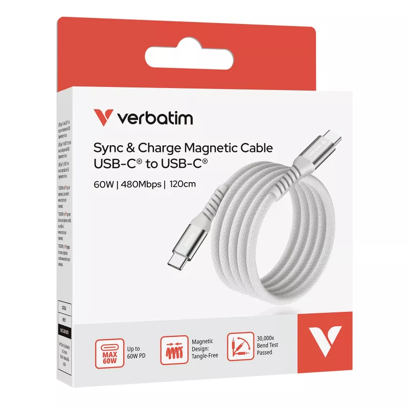 Verbatim Sync & Charge Magnetic -kaapeli - 60W USB-C - USB-C 120 cm harmaa