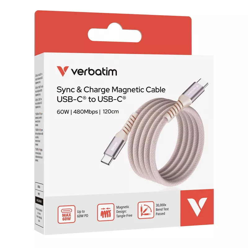 Verbatim Sync & Charge magneettikaapeli – 60 W USB-C–USB-C, 120 cm, pinkki