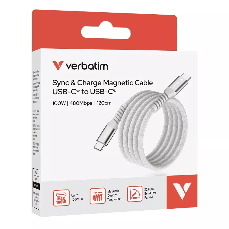 Verbatim Sync & Charge magneettikaapeli - 100W USB-C - USB-C 120 cm harmaa