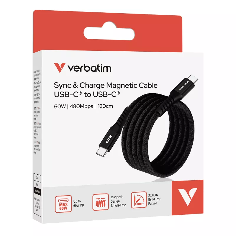 Verbatim Sync & Charge magneettikaapeli – 60 W USB-C–USB-C, 120 cm, musta