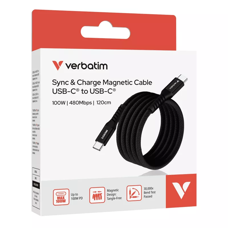 Verbatim Sync & Charge magneettikaapeli – 100 W USB-C–USB-C 120 cm musta