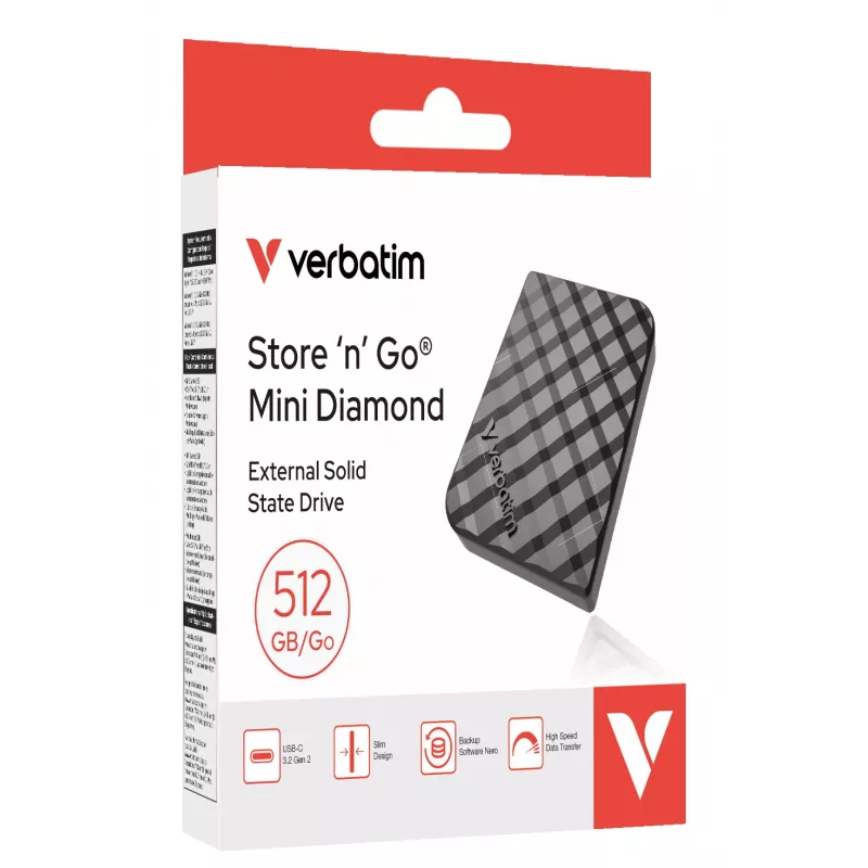 Verbatim Store 'n' Go Mini Diamond USB-C 512GB musta, 512 GB, M.2, USB Type-C, 3.2 Gen 2 (3.1 Gen 2), 1000 MB/s, musta