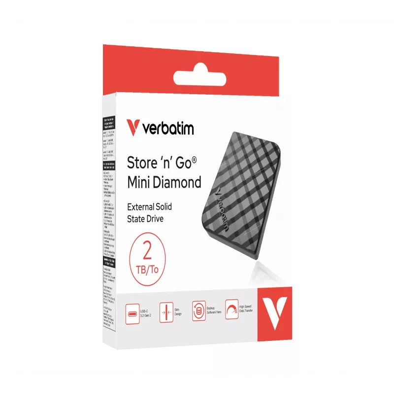 Verbatim Store 'n' Go Mini Diamond USB-C 2TB musta, 2 TB, USB Type-C, 3.2 Gen 2 (3.1 Gen 2), 1000 MB/s, musta