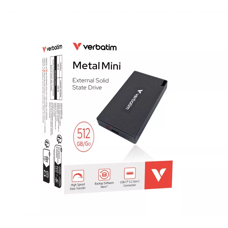 Verbatim Metal Mini SSD USB-C 3. Gen 2 512 GB, 512 GB, USB Type-C, USB 3.2 Gen 2x2, 2000 MB/s, 10 Gbit/s, harmaa