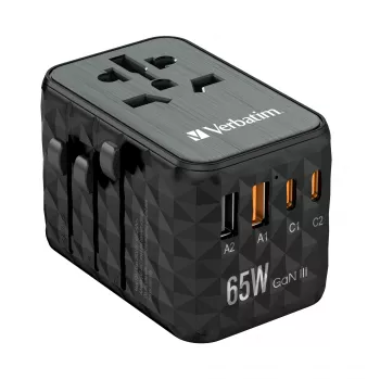 Verbatim UTA-05 65W GaN III -yleismatka-adapteri, 2 x USB-C PD & QC 4+ & 2 x USB-A -liitännät