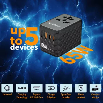 Verbatim UTA-05 65W GaN III -yleismatka-adapteri, 2 x USB-C PD & QC 4+ & 2 x USB-A -liitännät