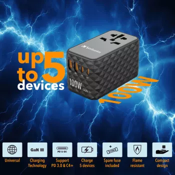 Verbatim UTA-06 100W GaN III -yleismatka-adapteri, 2 x USB-C PD & QC 4+ & 2 x USB-A QC 3.0 -liitännät