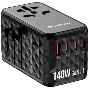 Verbatim UTA-10 140W GaN III -yleismatka-adapteri, 2 x USB-C PD 3.1 & QC 4+, 1 x USB-C PD 3.0 & 1 x USB-A QC 3.0 -liitännät