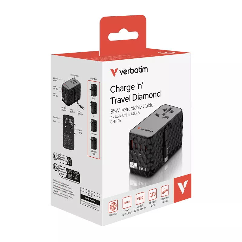 Verbatim Charge 'n' Travel Diamond 85W sisäänvedettävä kaapeli CNT-02