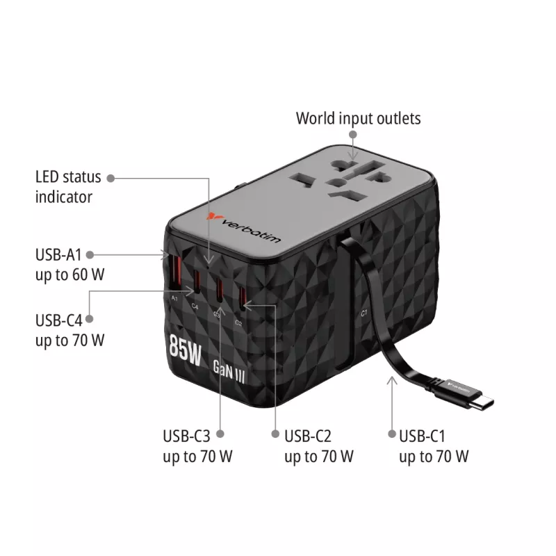 Verbatim Charge 'n' Travel Diamond 85W sisäänvedettävä kaapeli CNT-02