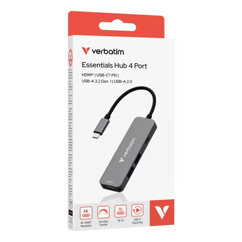 Verbatim USB-C Essentials -multiport-keskitin 4 porttia: HDMI, USB-C PD, USB-A 3.2 Gen 1, USB-A
