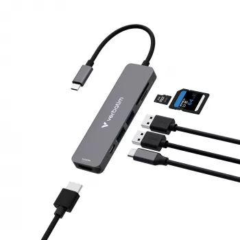 Verbatim USB-C Essentials -multiport-keskitin 6 porttia: HDMI, USB-C PD, USB-A 3.2 Gen 1, USB-A, SD & microSD