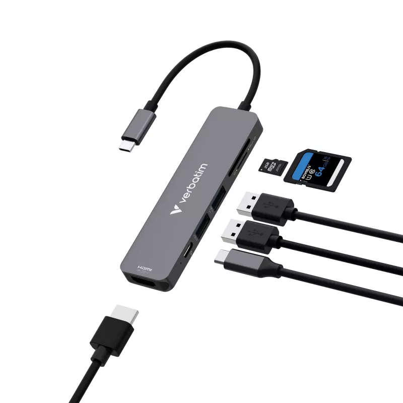 Verbatim USB-C Essentials -multiport-keskitin 6 porttia: HDMI, USB-C PD, USB-A 3.2 Gen 1, USB-A, SD & microSD