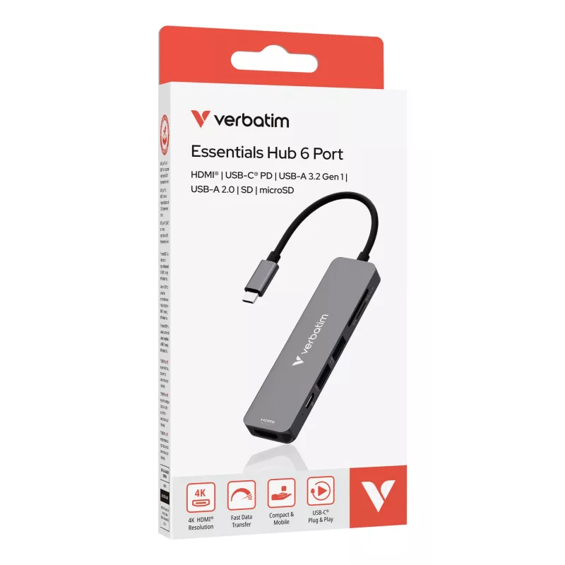 Verbatim USB-C Essentials -multiport-keskitin 6 porttia: HDMI, USB-C PD, USB-A 3.2 Gen 1, USB-A, SD & microSD