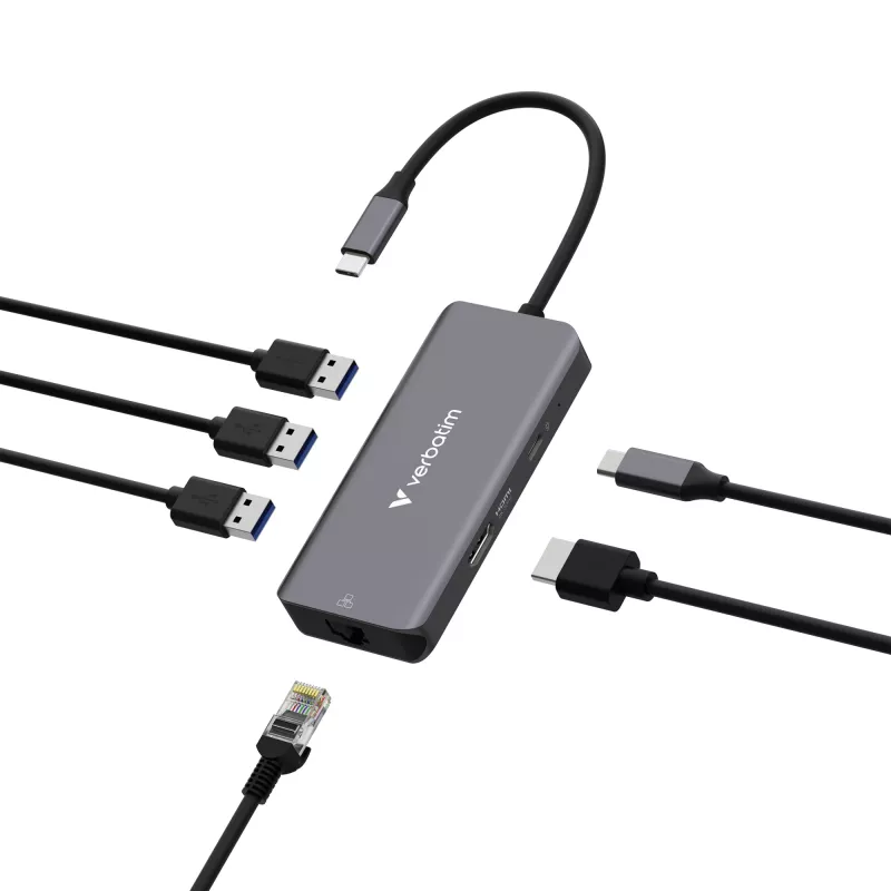 Verbatim USB-C Essentials -multiport-keskitin 6 porttia: RJ45, HDMI, USB-C PD, 3 x USB-A 3.2 Gen 1